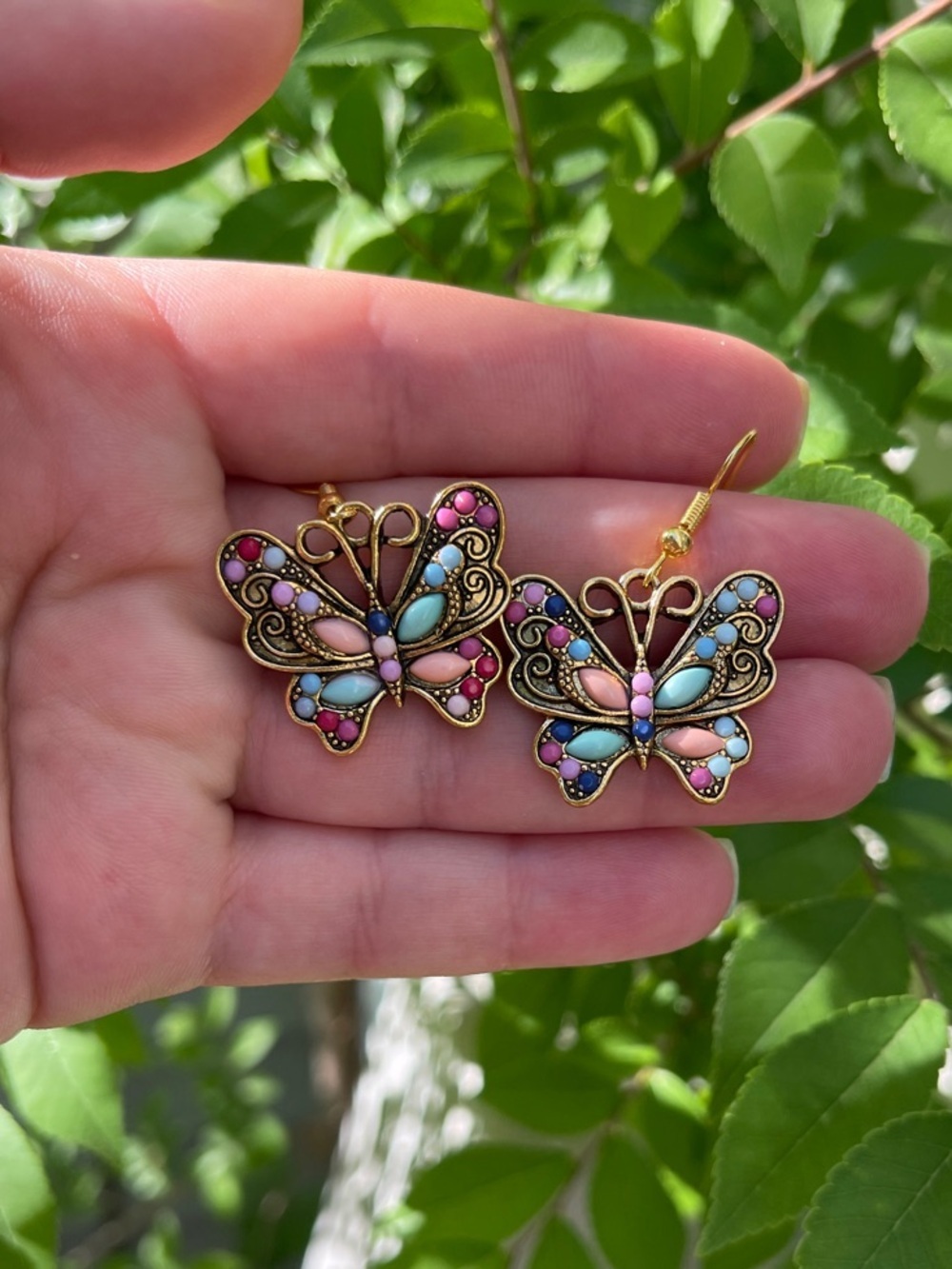 New! Antique Gold Butterfly Drop Earrings with Pink, Blue & Turquoise Accents. 🦋 - Picture 3 of 5